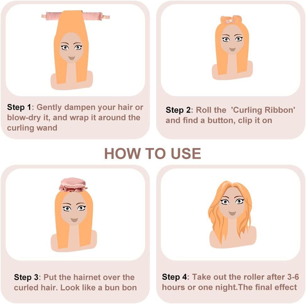 3 Pcs Apricot Heatless Hair Curling Satin Set - Easy Sleep-In Curler for Beautiful Waves