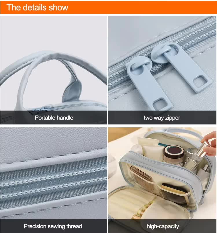 Green Premium PU Leather Portable Makeup Bag - Large Capacity Waterproof Travel Cosmetic Organizer(Cosmetics are shooting props, not included)