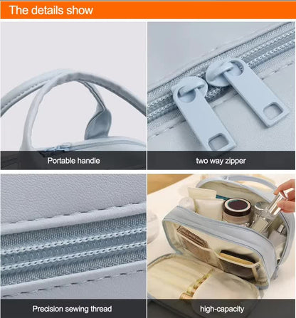 Green Premium PU Leather Portable Makeup Bag - Large Capacity Waterproof Travel Cosmetic Organizer(Cosmetics are shooting props, not included)