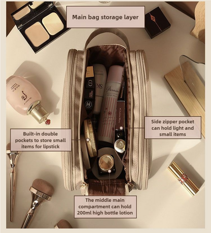 Brown Large Capacity Makeup Organizer Bag - Travel-Friendly Double-Zip Cosmetic Storage Case for Women(Makeup items are shooting props and are not included)