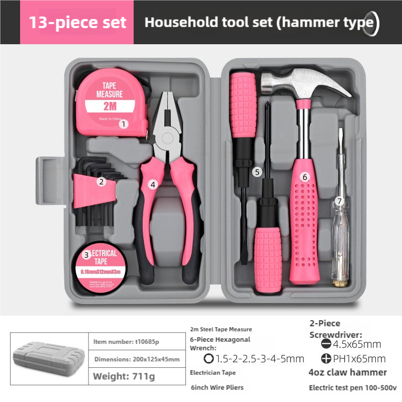13-piece household tool set with pink tools in a gray case on a white background