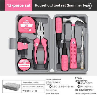 13-piece household tool set with pink tools in a gray case on a white background
