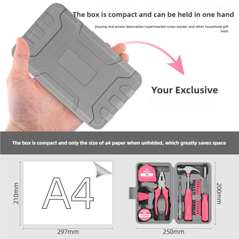 Compact tool box held in a hand with dimensions and product details shown.