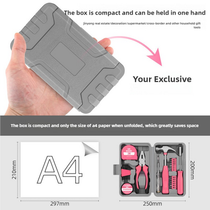 Compact tool box held in a hand with dimensions and product details shown.