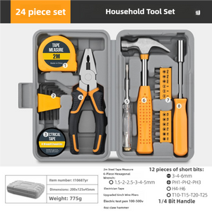 24-piece household tool set with tools like pliers, hammer, and screwdrivers in a gray case.