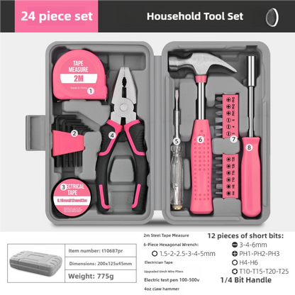 24-piece household tool set with pink tools in a gray case
