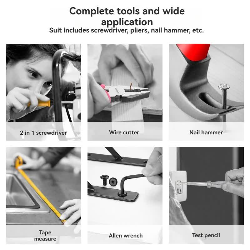 Set of tools including a screwdriver, pliers, nail hammer, tape measure, allen wrench, and test pencil with text 'Complete tools and wide application'.