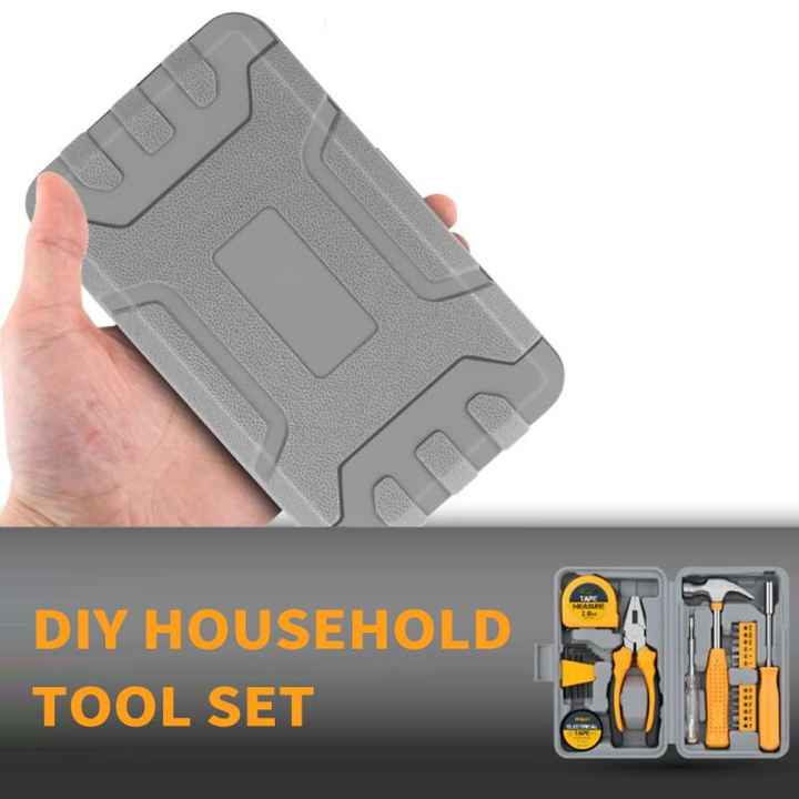 Hand holding a gray toolbox with a DIY household tool set graphic below on a white background