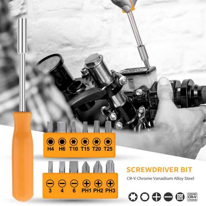 Screwdriver set with bits and a tool being used on a mechanical component.