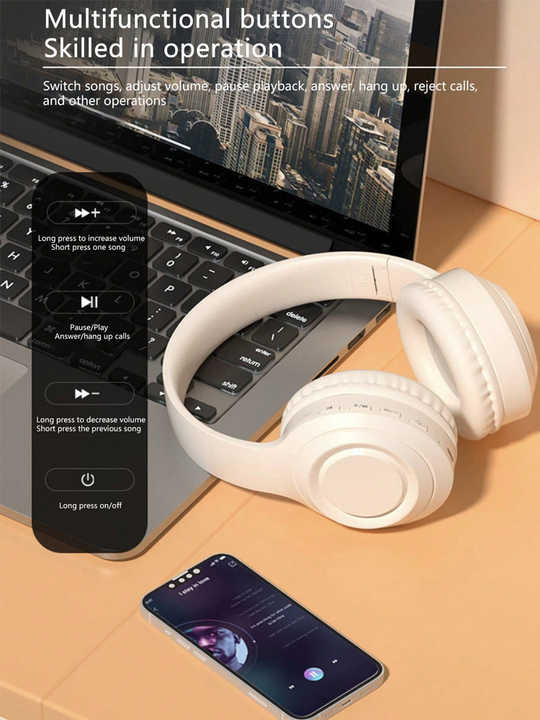 Black Wireless Headphones – 400mAh, 16H Playtime, SD Card & Aux Support