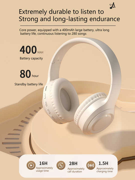 Off White and Orange Wireless Headphones - 400mAh, 16H Playtime, SD Card & Aux Support