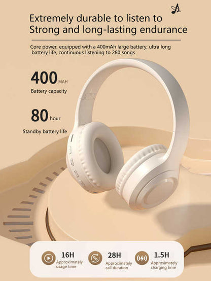 Off White and Orange Wireless Headphones - 400mAh, 16H Playtime, SD Card & Aux Support