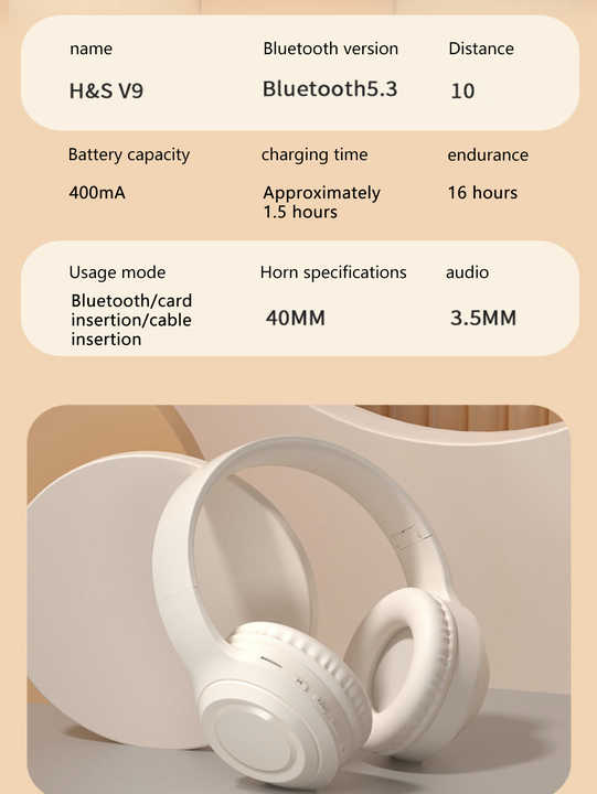 Off White and Orange Wireless Headphones - 400mAh, 16H Playtime, SD Card & Aux Support