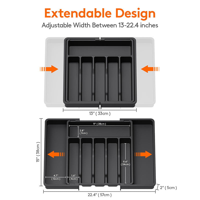 Grey Adjustable Polypropylene Kitchen Drawer Organizer - 8 Compartments, Large Capacity, Easy to Clean