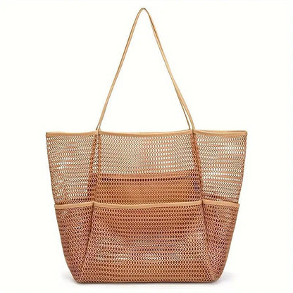 Brown Breathable Mesh Beach Tote Bag – Large Capacity Sand - Free Bag with Zipper Pocket & Multi - Purpose Storage - Factory Direct Shop