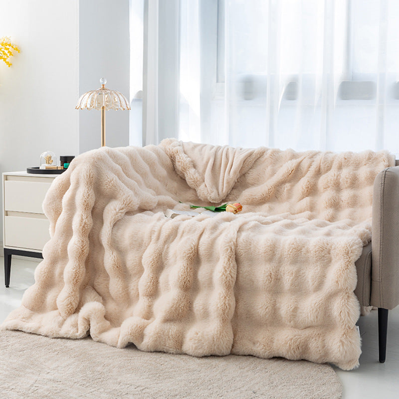 Apricot 100*160cm Plush Toscana Rabbit Hair Throw Blanket - Soft Flannel Fleece for All Seasons, Perfect for Couch & Bed