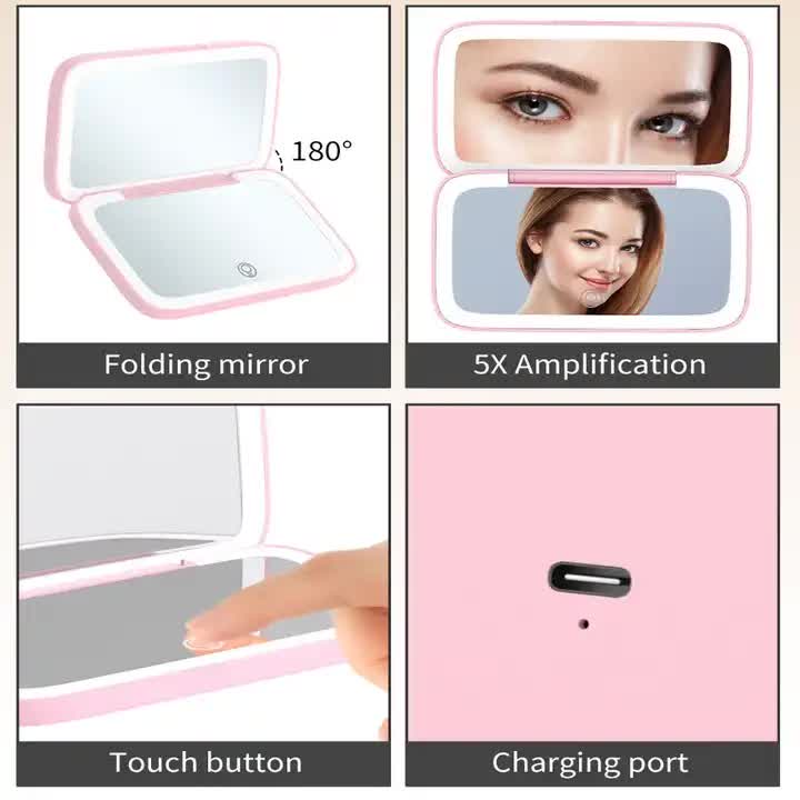 Pink MR2326C Portable LED Illuminated Makeup Mirror - Foldable Lighted Vanity Mirror with 801mAh Battery