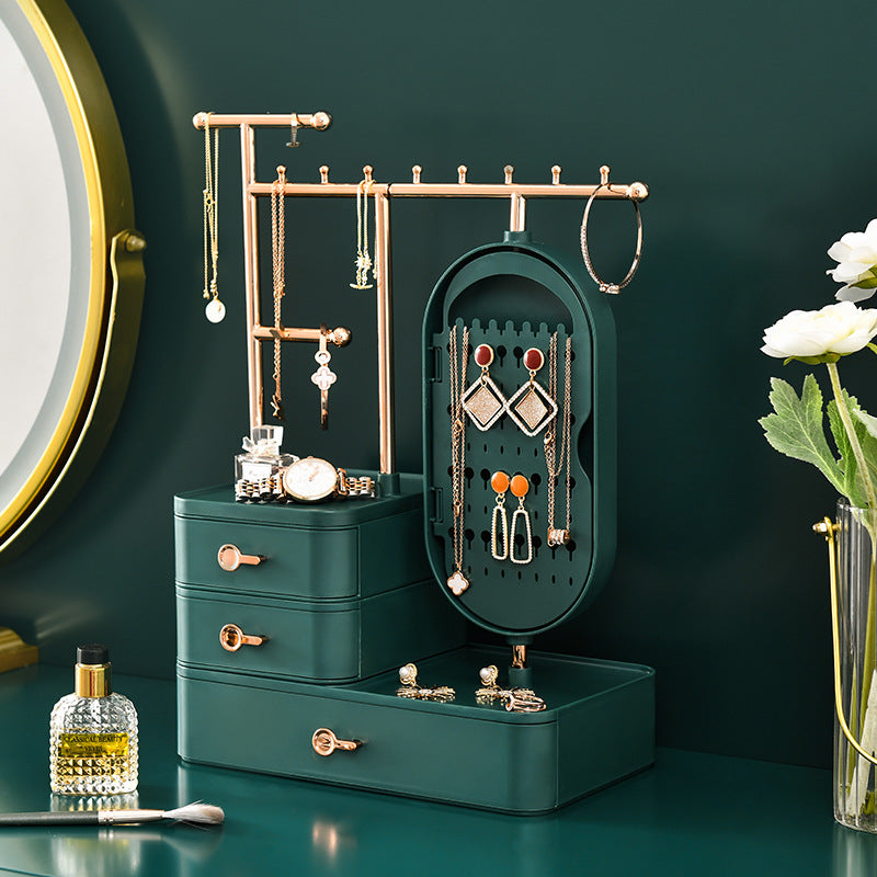 Elegant Green Jewelry Organizer with Mirror - Multi-Layer Storage & Display Stand (25x15x37.5cm)