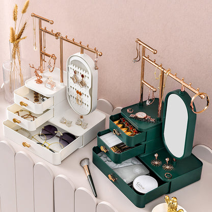 Elegant Green Jewelry Organizer with Mirror - Multi-Layer Storage & Display Stand (25x15x37.5cm)