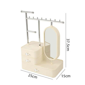 Elegant Cream Color Jewelry Organizer with Mirror - Multi-Layer Storage & Display Stand (25x15x37.5cm)