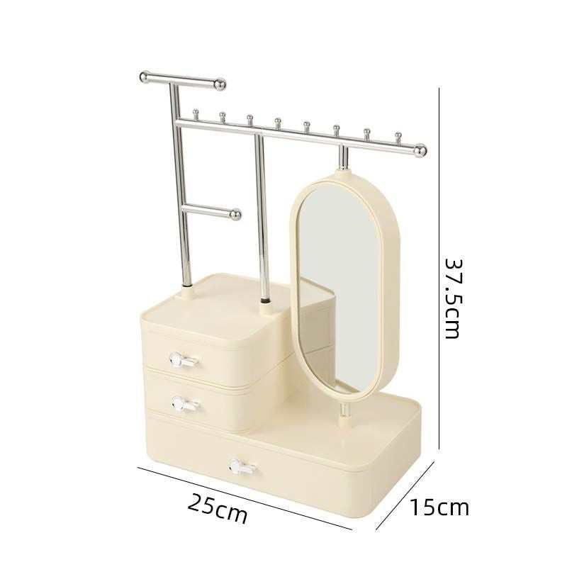Elegant Cream Color Jewelry Organizer with Mirror - Multi-Layer Storage & Display Stand (25x15x37.5cm)