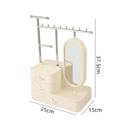 Elegant Cream Color Jewelry Organizer with Mirror - Multi-Layer Storage & Display Stand (25x15x37.5cm)