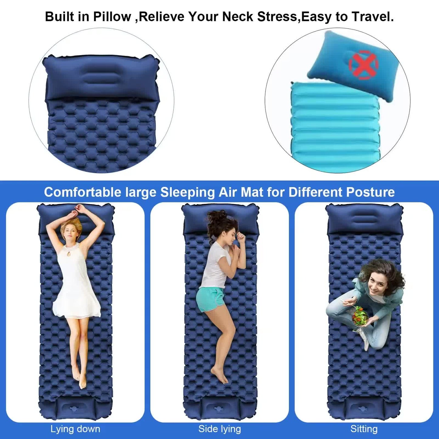 Peacock blue Portable Outdoor Inflatable Mat - Foot-Operated Camping Sleeping Pad