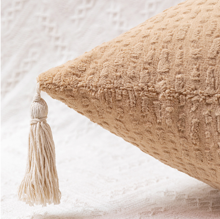 Milk Tea Yellow Modern Minimalist Velvet Pillow Covers - Tassel Accent Cushion Covers - 45x45cm (Set of 2)