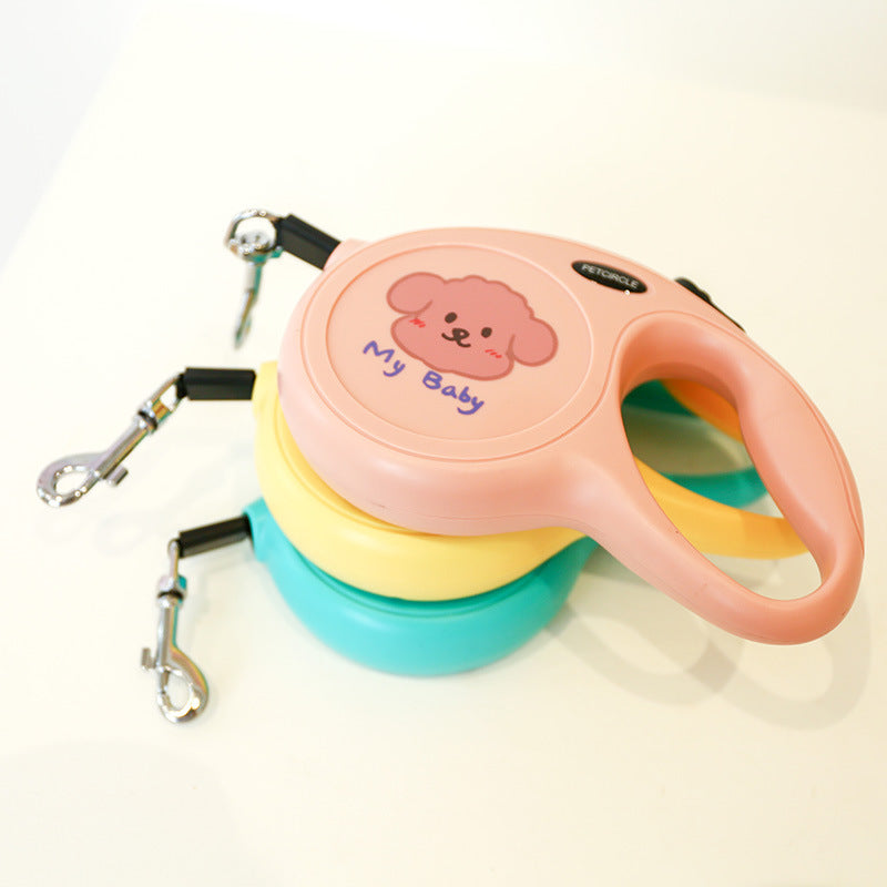 Pink 5m Cartoon Retractable Dog Leash for Golden Retriever & Poodle Puppies - Durable, Tangle-Free Pet Walking Essential