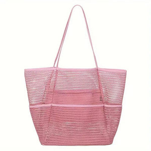 Pink Double Layer Mesh Beach Bag - Large Capacity