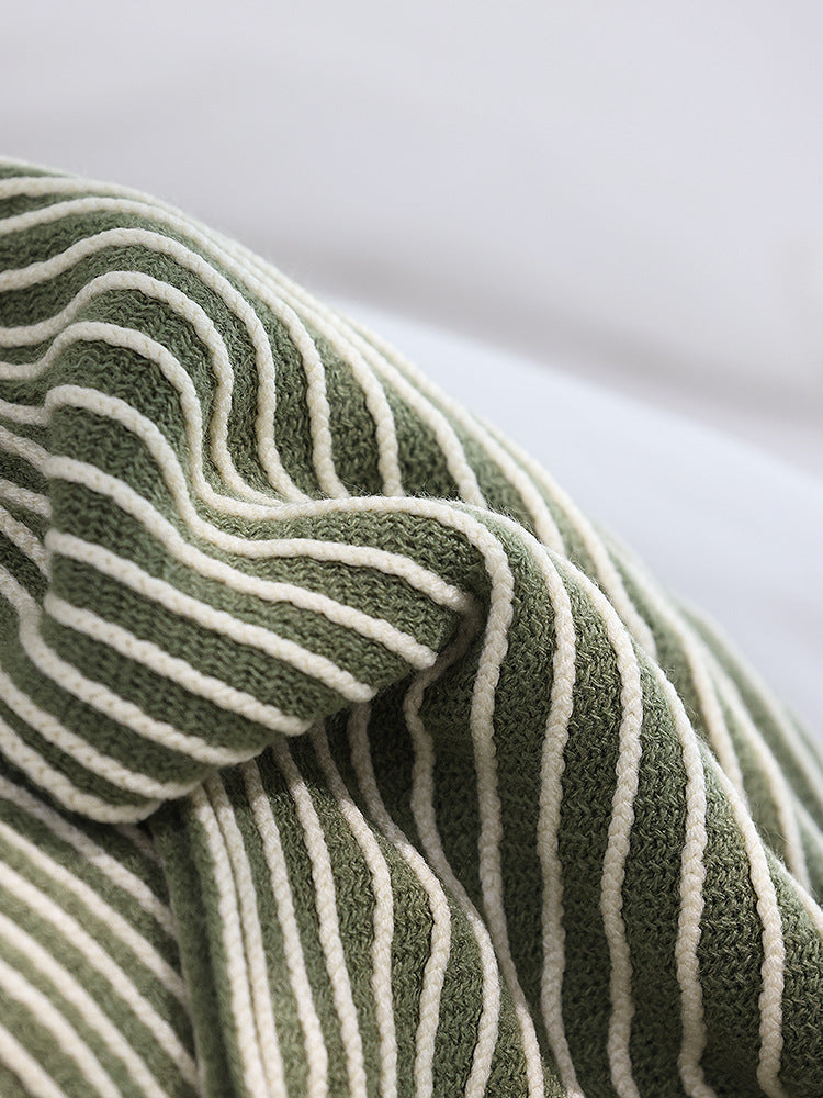 Green Cozy Knit Throw Blanket with Fringe - Stylish Striped  Bed End Cover, 127x170CM