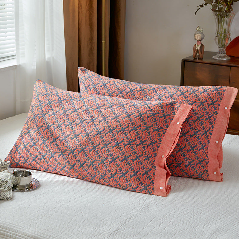 Red B pattern Snap-On Cotton Gauze Pillowcase Set - Full Coverage, Non-Slip, Easy Closure (One pair without pillow core)