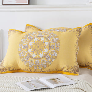 Pair of Yellow Circular Pattern Tied Cotton Gauze Pillow Cover - Secure Fit, Premium Comfort (Insert Not Included)