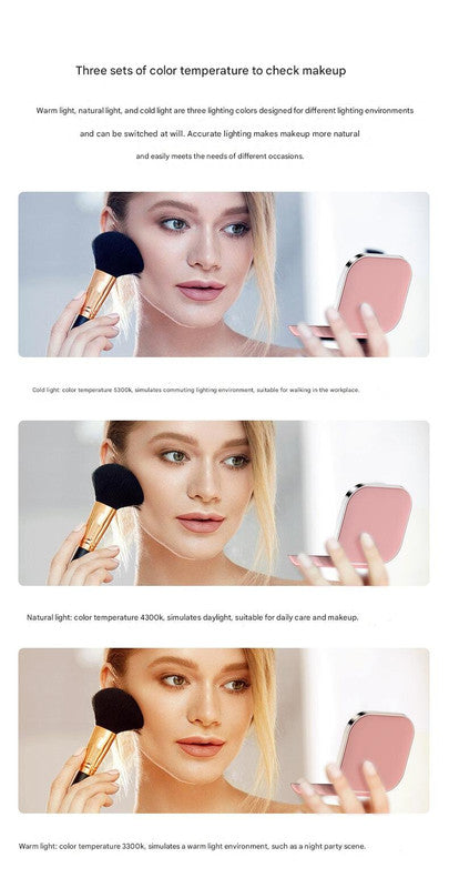 Pink LED Makeup Mirror with Light - Portable Folding USB Rechargeable Compact Mirror with 3 Color Lighting
