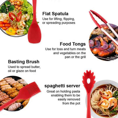 Red 10-Piece Premium Silicone Kitchen Utensil Set - Heat Resistant, Non-Stick Cookware