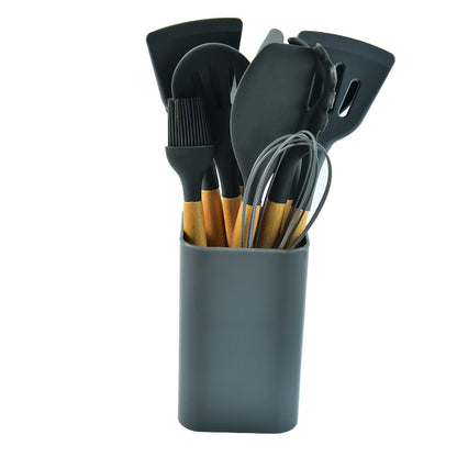 Black 12-Piece Silicone Kitchen Utensil Set with Beechwood Handles & Holder