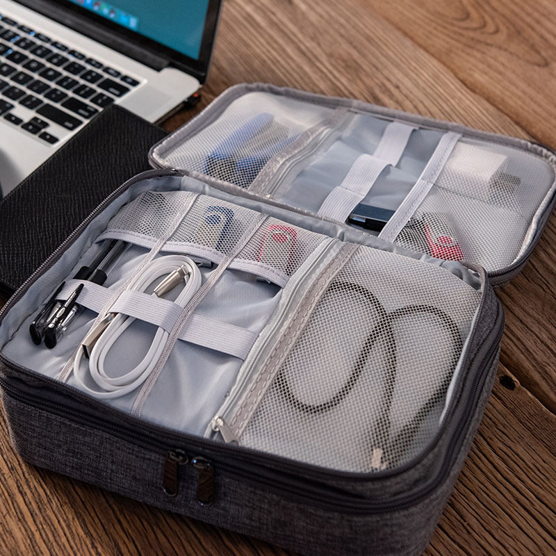 Dark Blue Durable Three-Layer Earphone & Digital Organizer - Waterproof Cosmetic & Cable Storage Pouch(Photography props not included, only the bag)