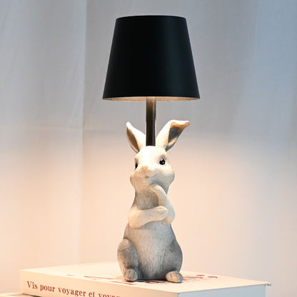 Grey Bunny Black Lampshade Adorable Rabbit Resin Table Lamp - 3-Color LED, USB Rechargeable, Touch Dimming