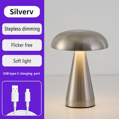 Silver Metal Mushroom Table Lamp - Rechargeable Touch Control Ambient Light with Remote