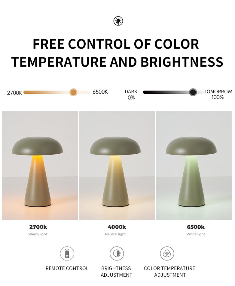 Bronze Metal Mushroom Table Lamp - Rechargeable Touch Control Ambient Light with Remote