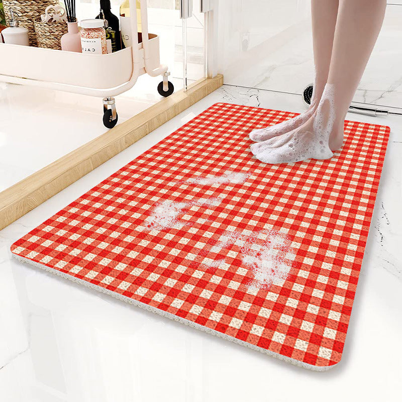 Red Plaid Pattern  PVC Non-Slip Bath Mat 45x75cm - Shower Drain Hole Design, Soft & Quick-Dry Bathroom Rug