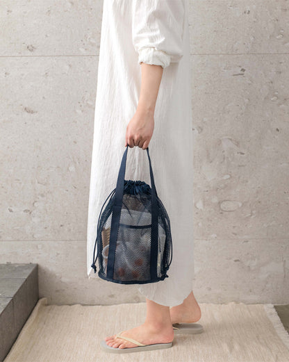Navy Blue Lightweight Mesh Drawstring Beach Bag - Portable Travel Organizer for Toiletries and Essentials