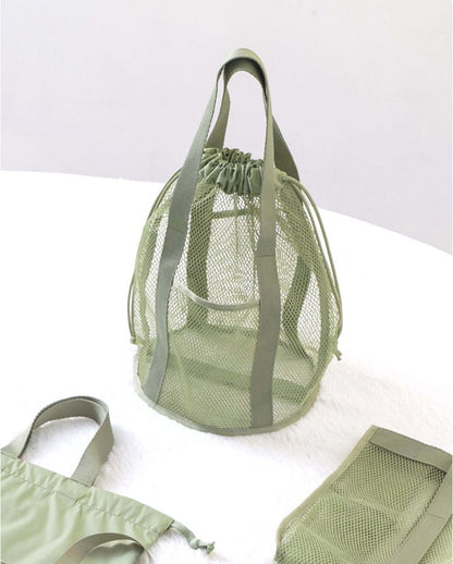 Green Lightweight Mesh Drawstring Beach Bag - Portable Travel Organizer for Toiletries and Essentials - Factory Direct Shop
