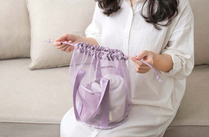 Green Lightweight Mesh Drawstring Beach Bag - Portable Travel Organizer for Toiletries and Essentials - Factory Direct Shop