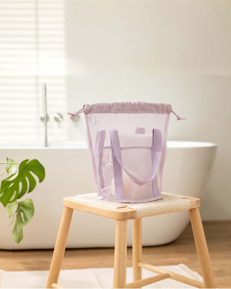Green Lightweight Mesh Drawstring Beach Bag - Portable Travel Organizer for Toiletries and Essentials - Factory Direct Shop