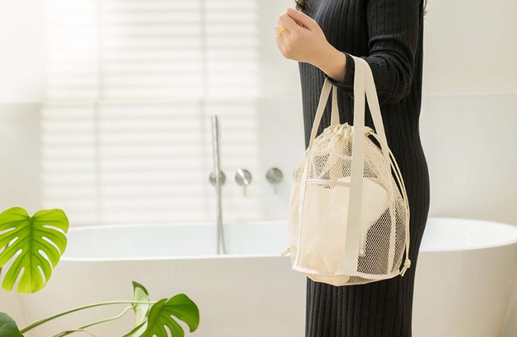 Green Lightweight Mesh Drawstring Beach Bag - Portable Travel Organizer for Toiletries and Essentials - Factory Direct Shop