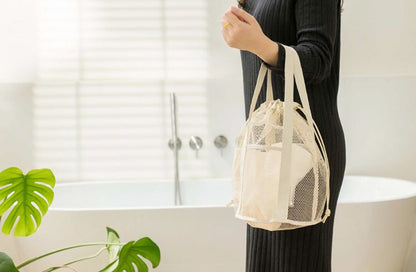 Green Lightweight Mesh Drawstring Beach Bag - Portable Travel Organizer for Toiletries and Essentials - Factory Direct Shop