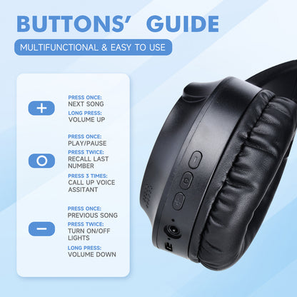 Blue Wireless Gaming Headphones with Lights - Foldable Design, 40mm Drivers, Comfortable