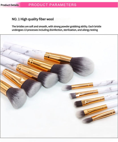 White Marble Makeup Brush Collection - 10 brushes for face, eyes and lips Bag + Brushes
