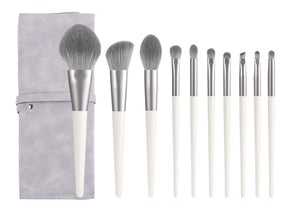 Silver Gray (Brush + Bag) 10 Piece Face Eye Makeup Brush Set - Premium Makeup Blending Brushes